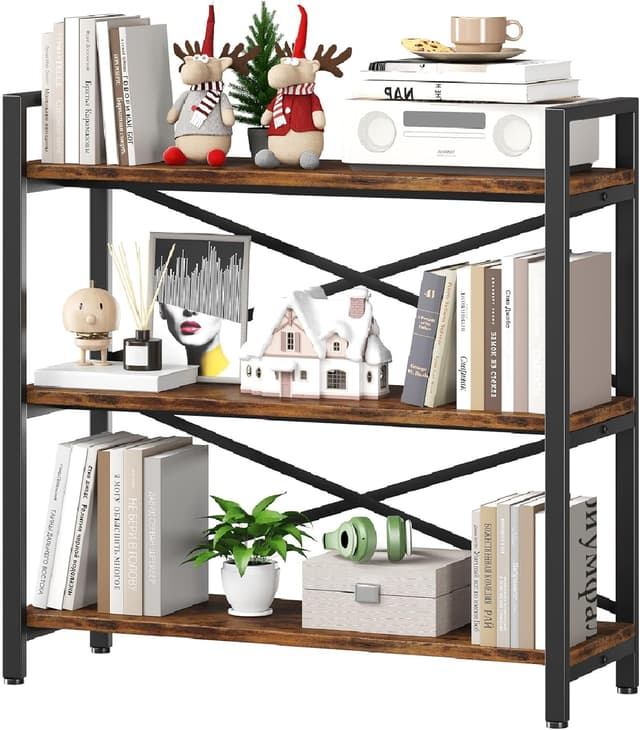 Detalle de 3-Tier Bookshelf 31.49" Width Wood & Metal Etagere Bookcase (Rustic Brown) — 3-tier storage rack