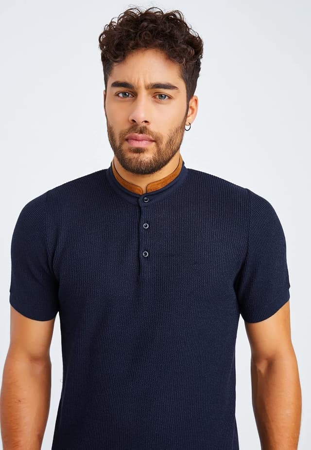 Detalle de Leif Nelson LN7705 : t-shirt homme à manches courtes en maille fine avec col grand-père