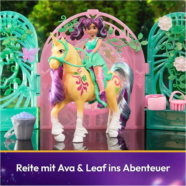 Detalle de Unicorn Academy Ava & Einhorn Leaf Leaf Stall Spielset mit Farbwechseleffekt (Figuren ca. 11/12 cm) und 15 Accessoires – für Kinder ab 4 Jahren