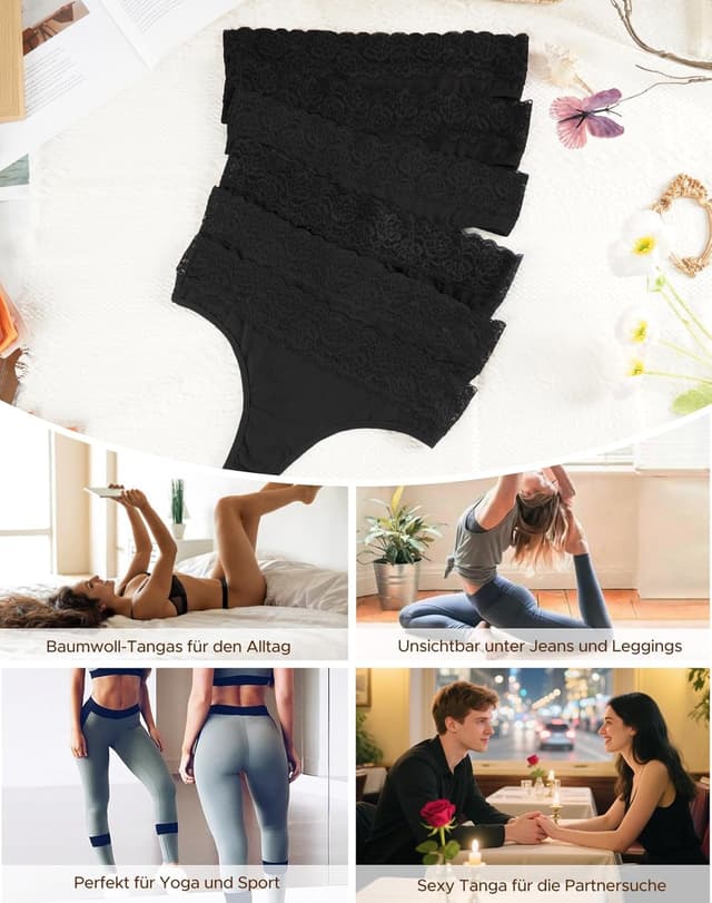 Detalle de INNERSY 6er Pack String Tanga Damen mit Spitze aus Stretch-Baumwolle (Hipster)