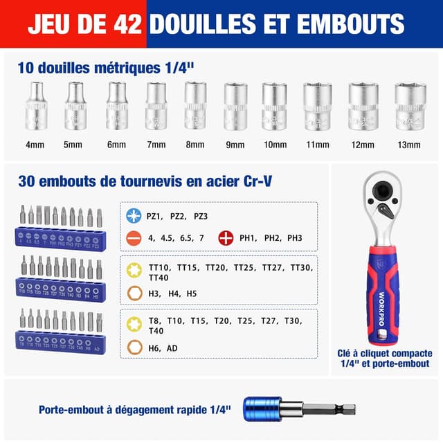 Detalle de WORKPRO Coffret de douilles et embouts 42 pièces, mini clé à cliquet 1/4" double tête 2-en-1