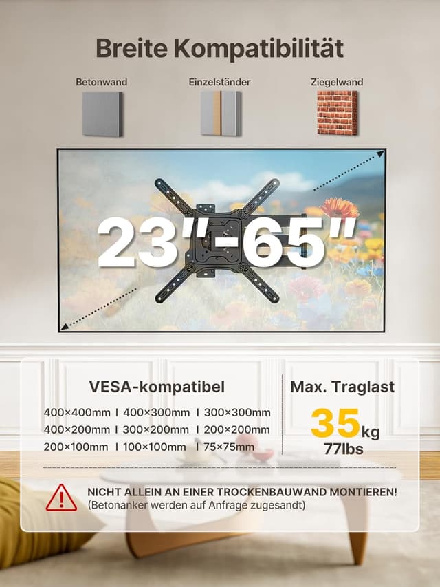 Detalle de monTEK 728 mm Langarm TV-Wandhalterung für 23–65 Zoll (bis 35 kg, max. VESA 400×400) – schwenk- & neigbar