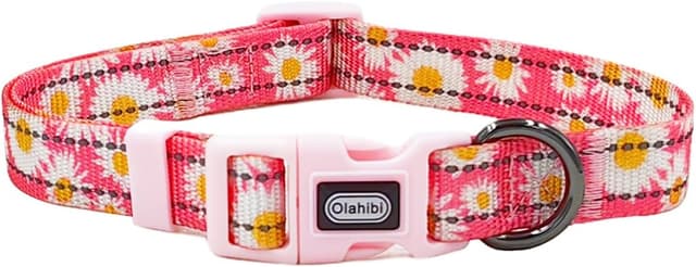 Detalle de Olahibi Basic Dog Collar (M, Pink Daisy) with Reflective Stripes