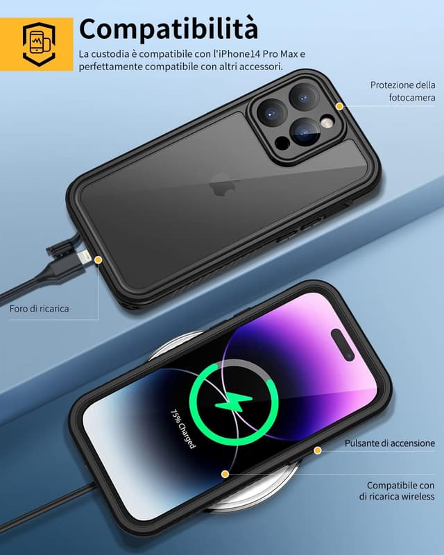Detalle de Lanhiem Cover Impermeabile IP68 per iPhone 14 Pro Max, custodia rugged full body antiurto (nero) con protezione schermo e supporto MagSafe