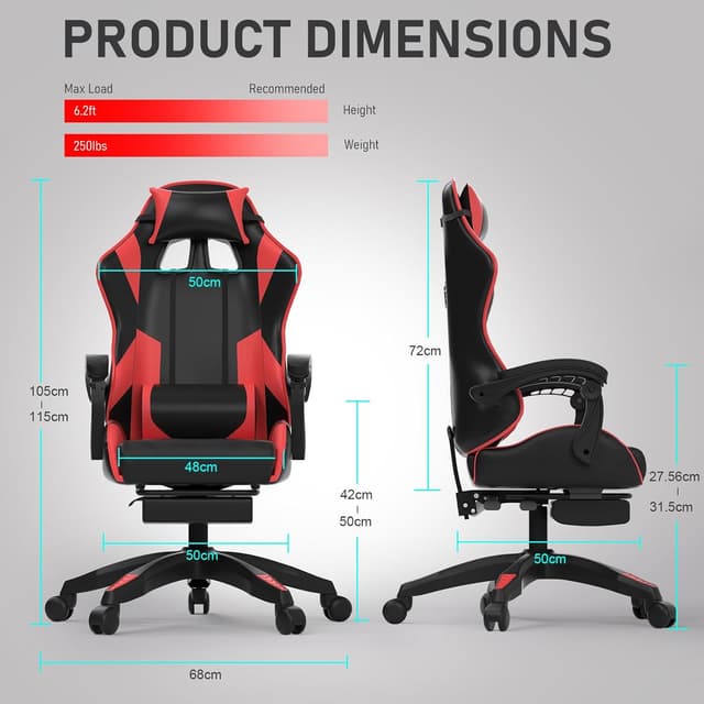 Detalle de Confortil Chaise Gaming Ergonomique avec repose-pieds rétractable et appui-tête réglable, noir et rouge