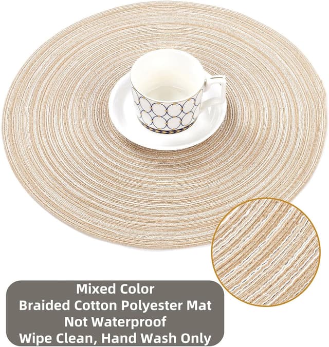 Detalle 2 de SHACOS 38cm Round Placemats Set of 6 – Braided woven, beige heat-resistant table mats
