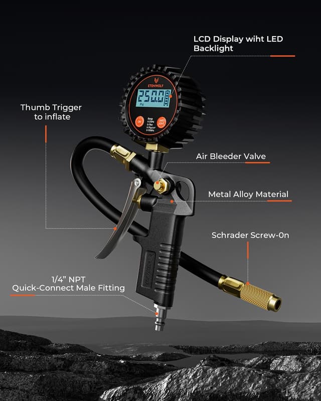 Detalle de ETENWOLF T500 Digital Tire Pressure Gauge with Inflator (0–250 PSI) — ANSI B40.7 Grade 2A