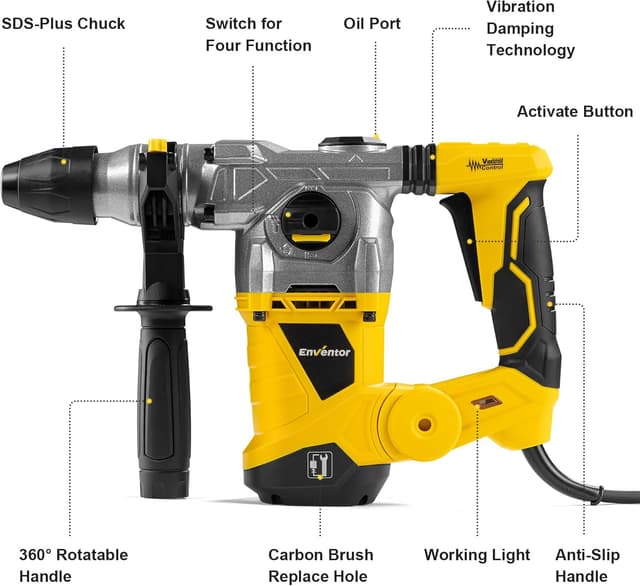 Detalle 2 de Enventor 1500W Heavy Duty Rotary Hammer Drill (SDS-Plus) with 360° Auxiliary Handle