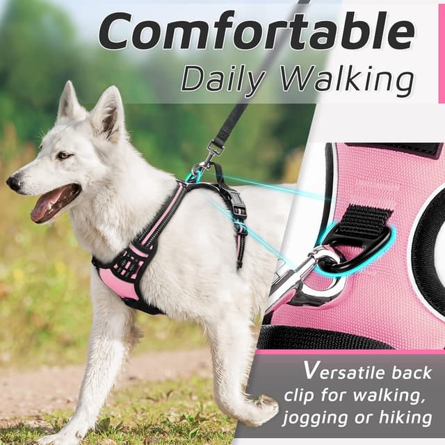 Detalle de Eagloo Dog Harness Small Dog (Pink, Size S) – Adjustable soft padded vest with front no-pull clip and reflective strips