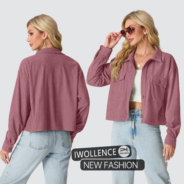 Detalle de IWOLLENCE Cordjacke Damen Hemdjacke Cordhemd – kurze Shacket mit Revers und Knopfleiste