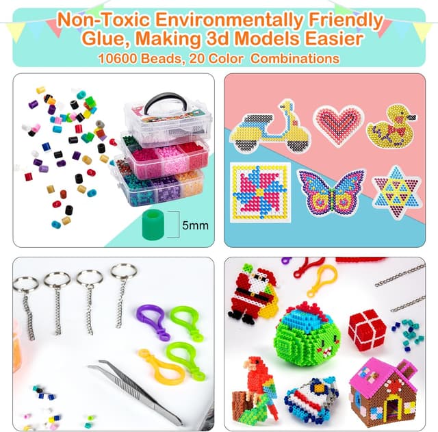 Detalle 2 de SLEMAKO Bügelperlen-Set mit 10.600 Steckperlen (inkl. Aufbewahrungsbox, Platten & Anleitungsbuch)