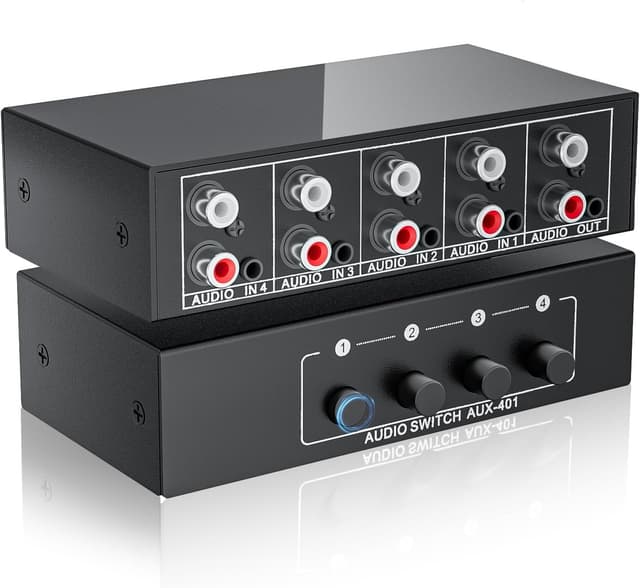 Detalle de BolAAzuL AUX Audio Switcher 4-in-1 (4x1) für 3,5-mm/AUX & RCA – passiver Stereo-Audio-Selektor
