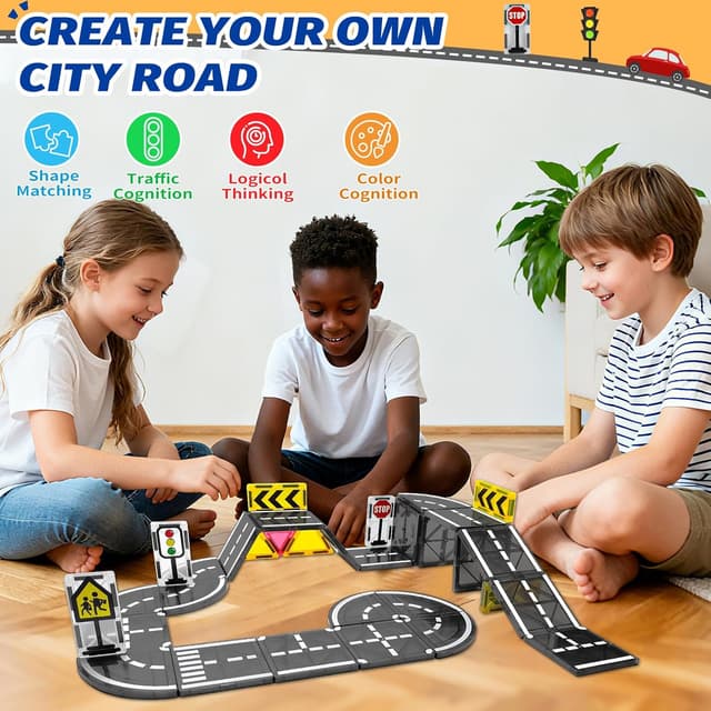 Detalle de katietoy Magnetic Tiles Road Set for Kids (46 pcs) – magnetic road tiles and traffic signs for ages 3–8