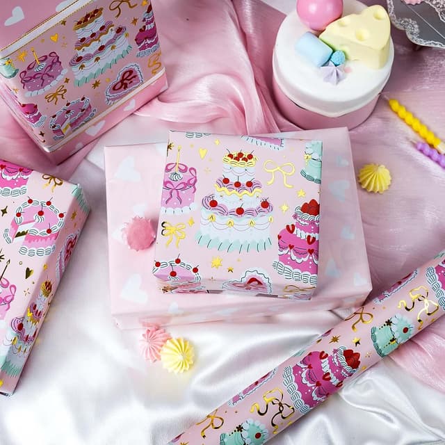 Detalle 2 de Wikadlik Pink Wrapping Paper (43cm x 10m) – romantic cakes and hearts mini roll gift wrap