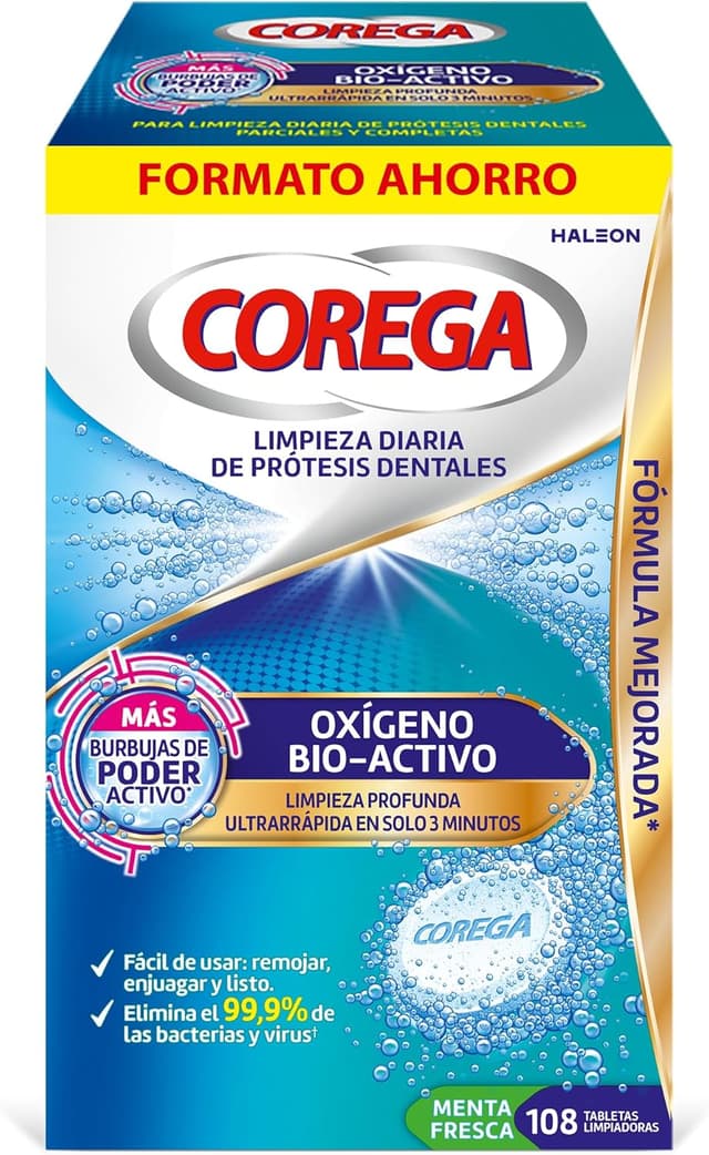 Detalle de Corega Oxígeno Bio-Activo (108 tabletas) — limpiador para prótesis dentales con acción frente a olores y bacterias