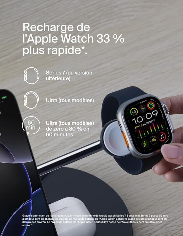 Detalle 2 de Belkin BoostCharge Station 3-en-1 Qi2 Noir