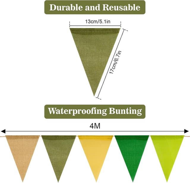 Detalle de jijAcraft Sage Green Burlap Bunting (60PCS) – Pre-strung Hessian Triangular Flags, 20m Outdoor Waterproof Banner