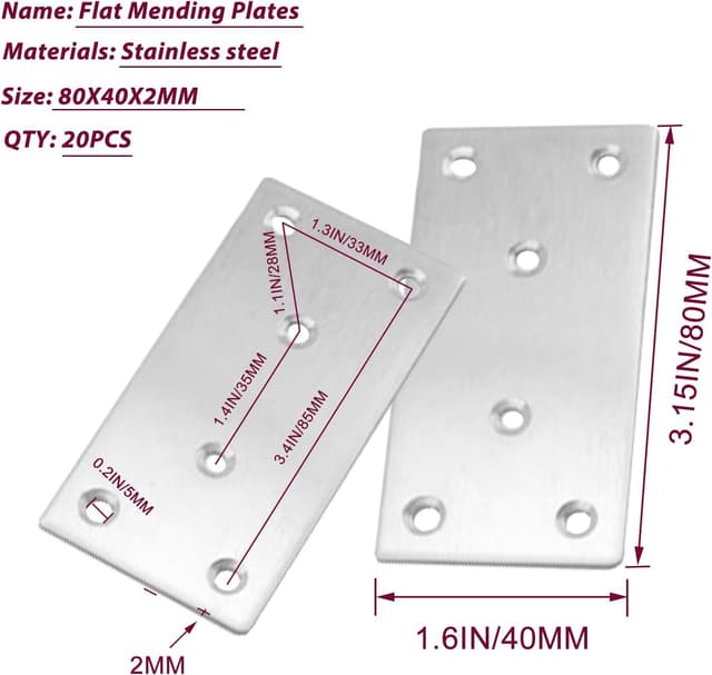 Detalle 2 de 20PCS Silver Flat Mending Plates (80mm) in 304 Stainless Steel – Straight Flat Brackets for Furniture Repairs