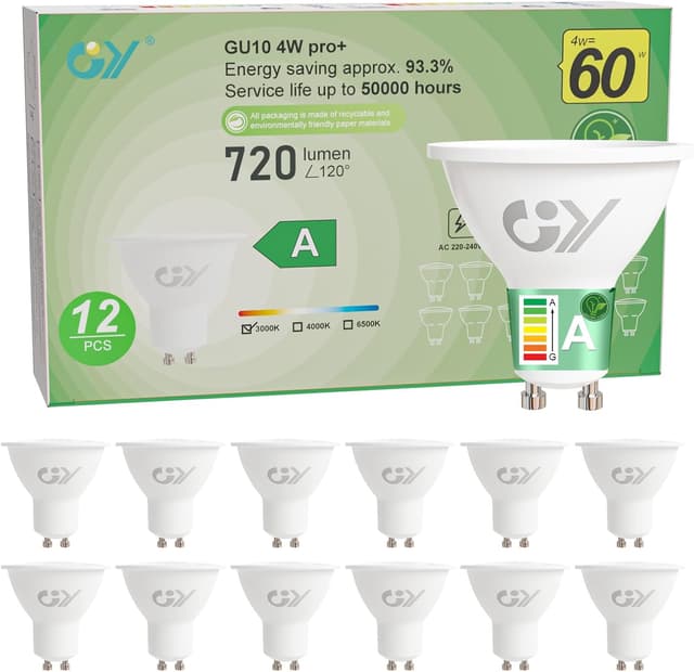 Detalle de GY GU10 4W 3000K LED Bulb (Class A, 720lm) – Non-dimmable, 12-pack
