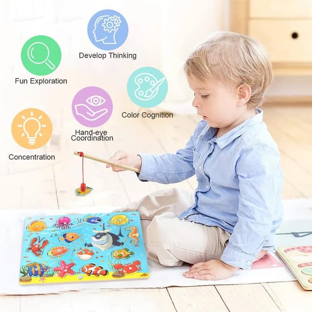 Detalle de Vicloon Giochi magnetici di pesca in legno con 14 pesci e 2 canne (Oceano) per bambini 3+