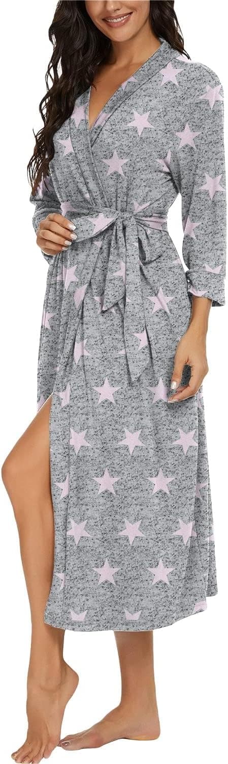 Detalle 2 de PrinStory Damen Bademantel mit 3/4-Ärmeln und V-Ausschnitt (Kimono-Robe) – leichter Morgenmantel