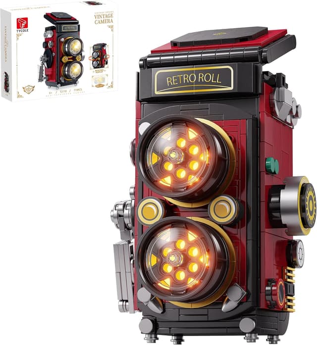 Detalle de TYCOLE set di costruzioni per fotocamera retrò vintage con luci LED e design reflex a doppia lente (719 pezzi)