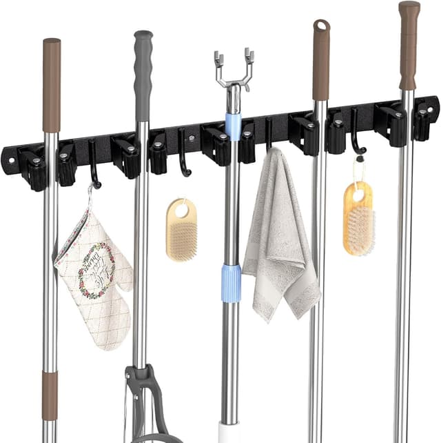Detalle de Carehabi 5 soportes para escobas con 4 ganchos