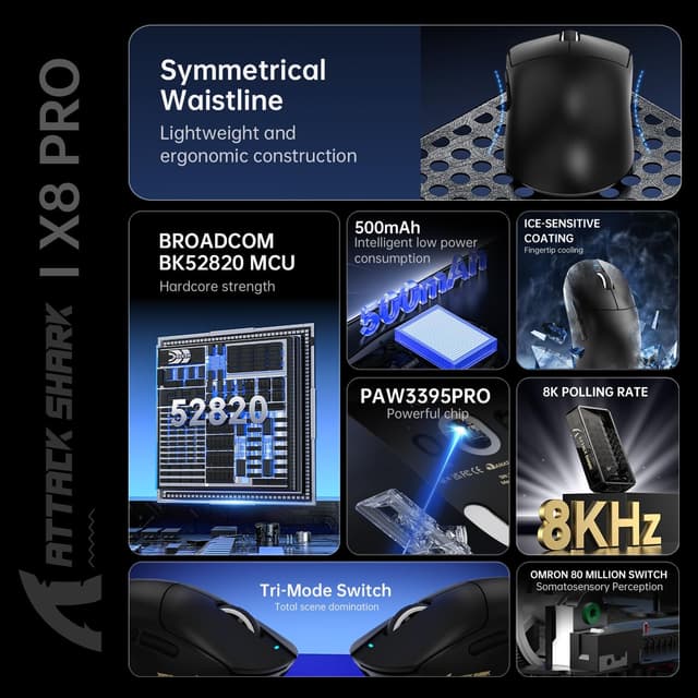 Detalle de ATTACK SHARK X8 PPO 8K Mouse (55g) for Large Hands with PixArt PAW3395PRO sensor