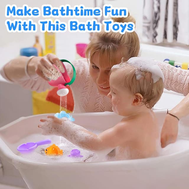 Detalle 2 de Bath Toys For 1 2 3 Year Olds – 5pc Mould-Free Toddler Bath Toy Set (Stacking Cups, Watering Can & Scoop)
