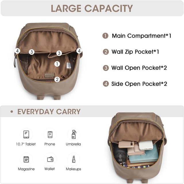 Detalle de Kattee Echtleder Rucksack für Damen – multifunktionaler Tagesrucksack mit Notebook-Fach