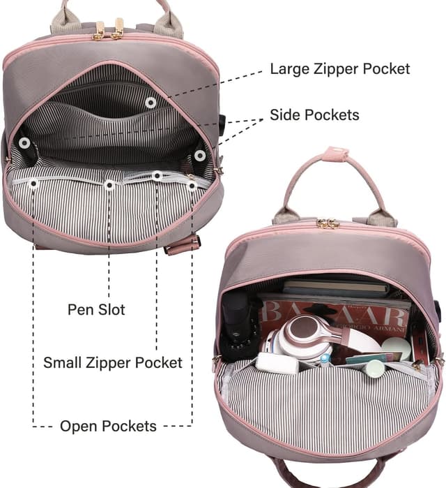 Detalle de LOVEVOOK Rucksack Damen für 15,6-Zoll-Laptop (29 x 43 x 18 cm) – wasserdicht, mit USB-Anschluss, Rosa-Grau