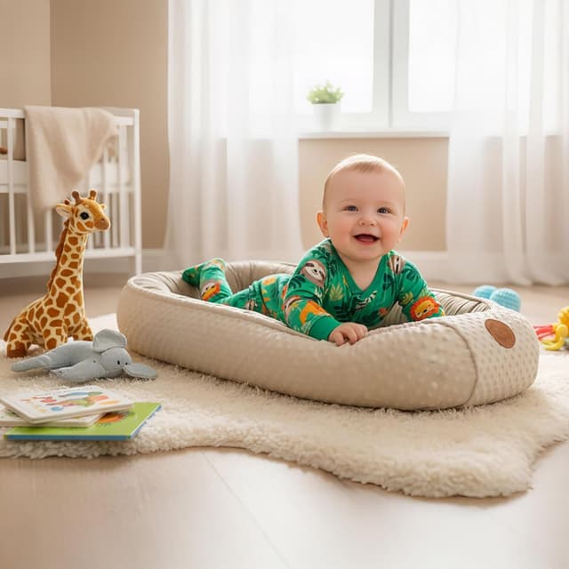 Detalle de Nestchen Baby Babynestchen für Neugeborene aus Baumwolle & Minky, tragbares Nest für Kinderbett, Beige mit weißen Sternen