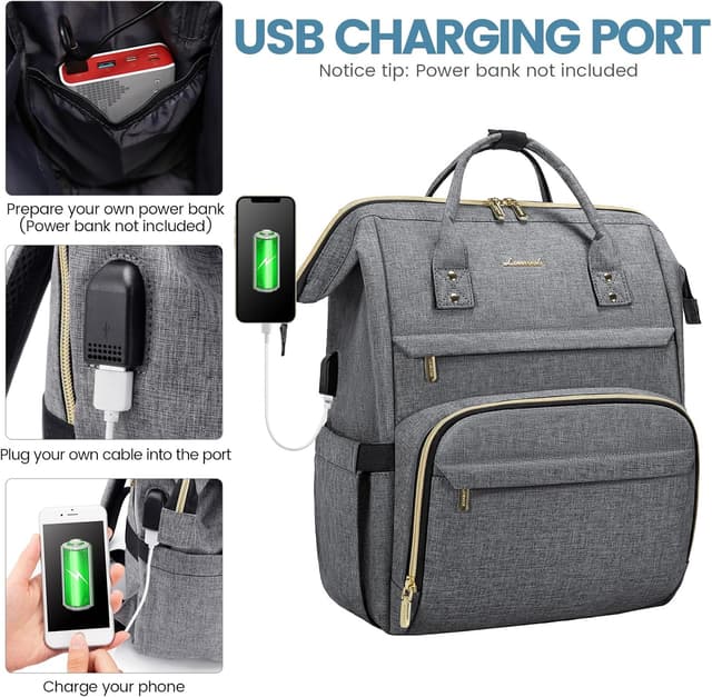 Detalle 2 de LOVEVOOK Damen-Rucksack Schulrucksack mit 17-Zoll-Laptopfach, wasserdichtem Canvas und USB-Ladeanschluss – dunkelgrau