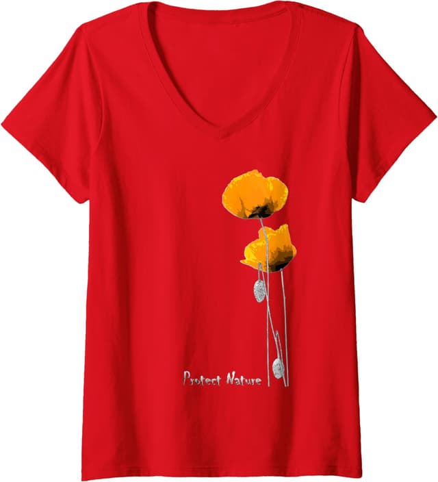 Detalle de Femme Protect Nature T-shirt col V « Pavots Orange et Abeille »