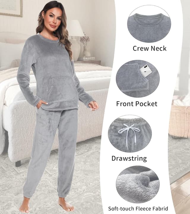 Detalle de Lovasy Women’s Fluffy Fleece Hooded Pyjama Set with Pockets (Winter Warm)