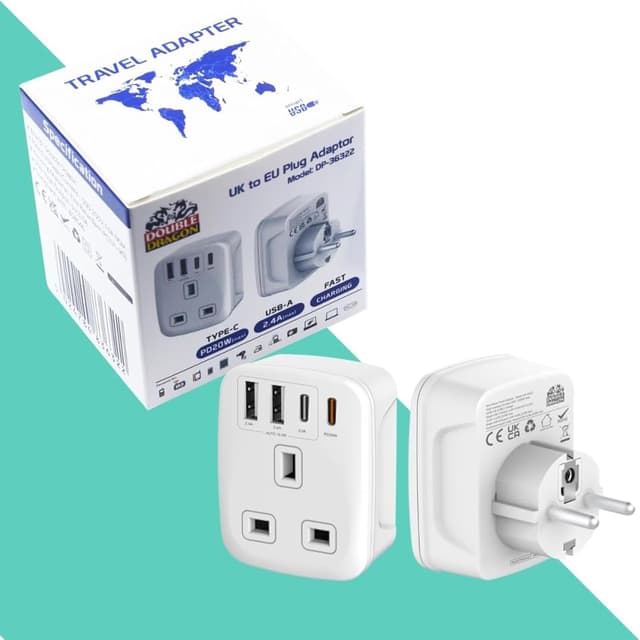 Detalle 2 de Double Dragon 20W Fast Charging 5-in-1 UK to EU Travel Adapter (2× USB-A & 2× USB-C, UK 3-pin to EU 2-pin)
