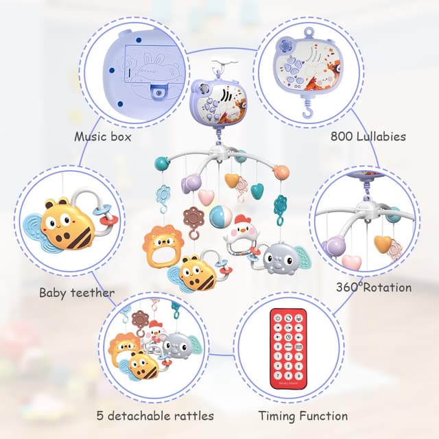 Thumbnail 4 de Aolso Babybett-Spielzeug: Mobile fürs Babybett mit Musik, Lichtern, Projektion und Fernbedienung (Kaninchenprojektion-Blau)