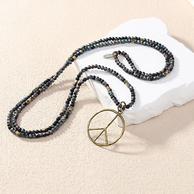 Detalle 2 de KELITCH Classic Peace Anhänger Halskette mit Hämatit-Perlen und Peace-Symbol