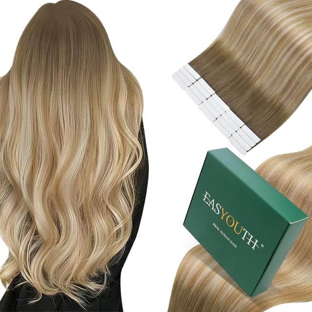 Detalle de Easyouth tape-in hair extensions (real human hair) – Brown ombre blend, 16 inch, 40g