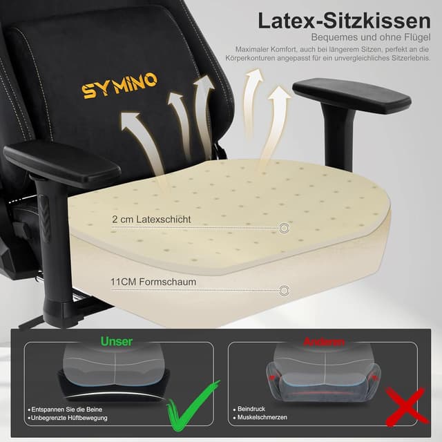 Detalle de Symino Gaming-Stuhl mit Latex-Sitzkissen, Memory-Schaum-Lendenstütze & 300 kg Belastbarkeit – schwarz