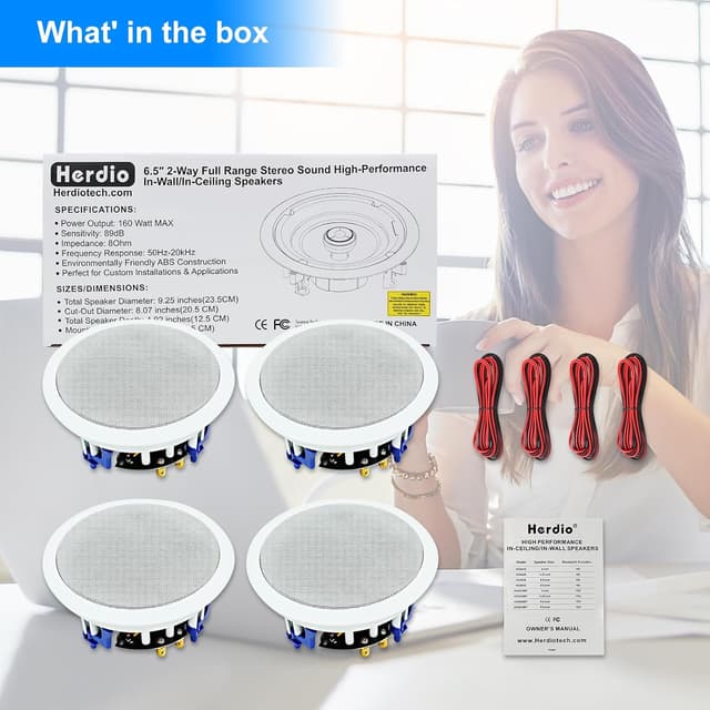 Detalle 2 de Herdio 6,5 Zoll 640-Watt Deckenlautsprecher (Unterputz) 2-Wege – 4er-Set für Büro, Küche, Wohnzimmer & Bad