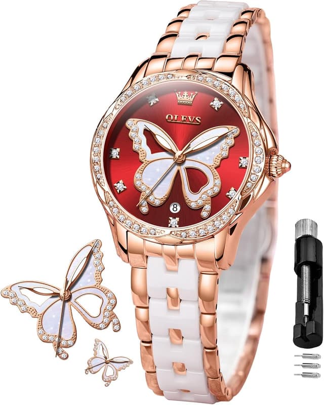 Detalle de OLEVS Damen Diamantuhr Roségold Keramikglas 41mm