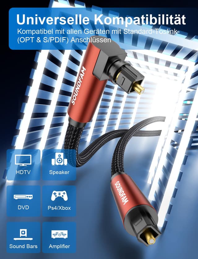 Thumbnail 6 de SOUNDFAM 90° Optisches Audiokabel 3 m (Rot) – Toslink Digital mit Winkelstecker für Soundbar & TV