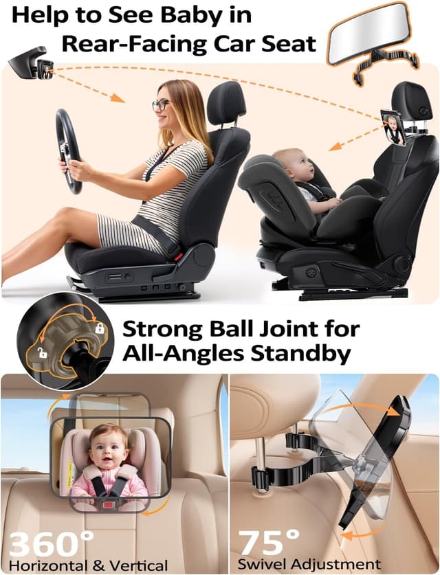Detalle 2 de Mirrorsafe Rear-Facing Car Seat Mirror (Anti-Shake, 360° Adjustable) with Headrest Hook Clip
