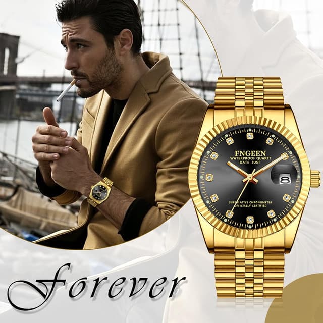 Thumbnail 6 de Avaner Herren Uhr Golden Armbanduhr mit Strasssteinen, leuchtenden Zeigern und Edelstahlarmband (analog, Quarz)