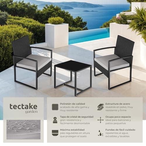 Detalle 2 de tectake TecTake conjunto de jardín exterior para 2 personas con 2 sillas de ratán y mesa con tablero de vidrio