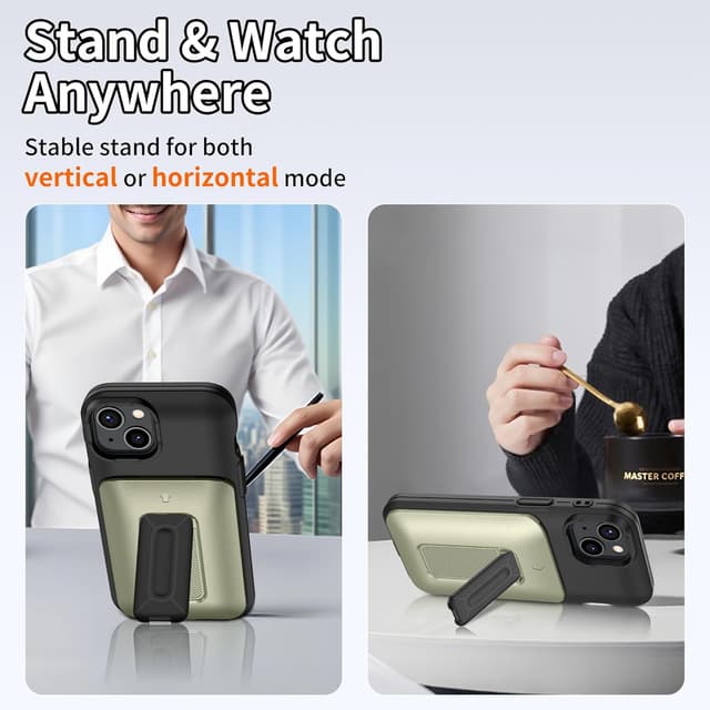 Detalle 2 de Gritup iPhone 13 Gold phone case with sliding card slot, kickstand and 2 HD screen protectors