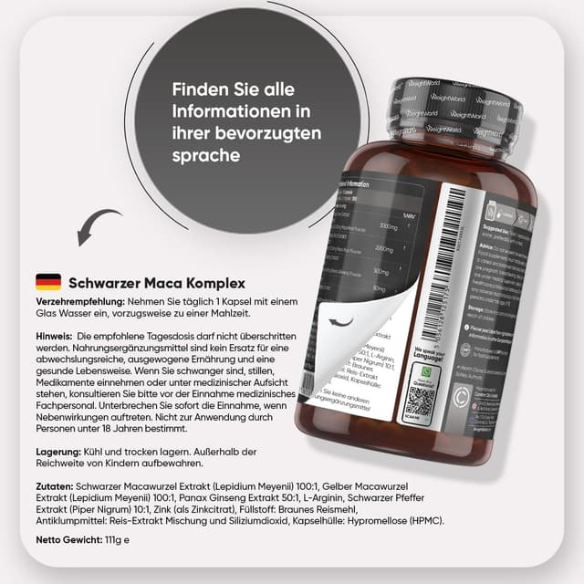 Detalle de WeightWorld Maca Kapseln – 5550 mg pro Kapsel (180 Kapseln) mit Schwarzer & Gelber Maca, Panax Ginseng, L-Arginin, Zink