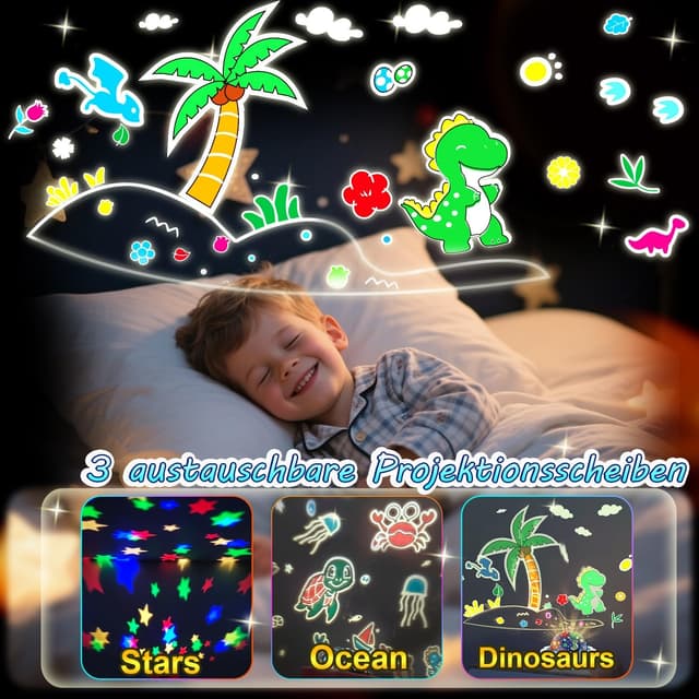 Detalle de JKGIFTS Kinder-Nachtlicht Dinosaurier & Sternenhimmel-Projektor (4-in-1) mit Fernbedienung