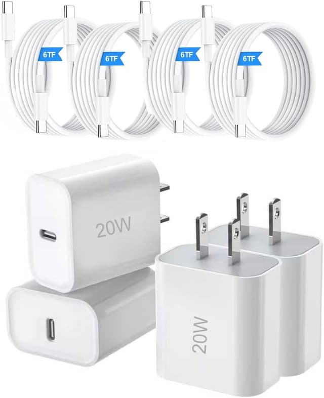 Detalle de iPhone 17/16/15 Fast Charging 20W USB-C Charger Block (4-Pack) with 6FT C-to-C Cables